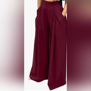 Stretchy Wine Color High Waisted Wide Leg Palazzo Pants with Pockets